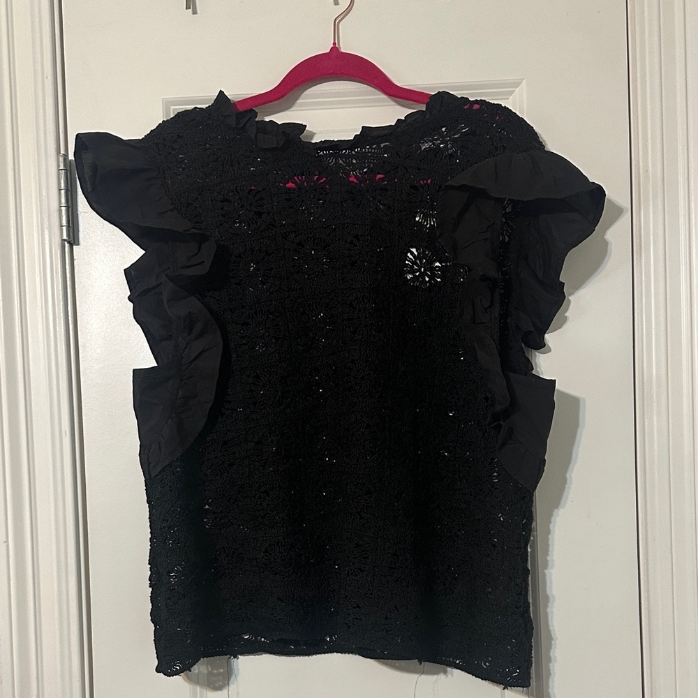 Anthropologie Black Lace Ruffle Blouse